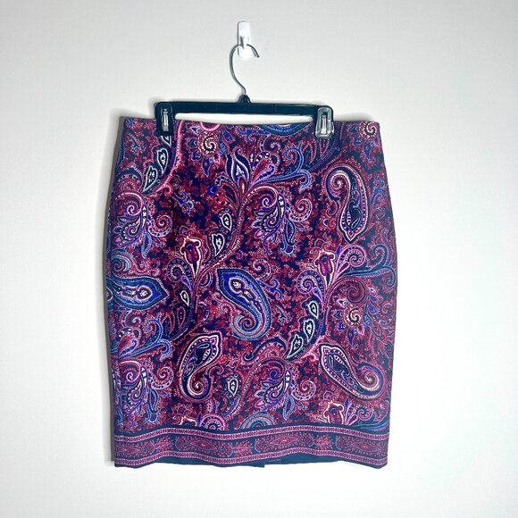 Talbots Paisley Print Pencil Skirt Purple Preppy Teacher Fall Knee Length Sz 12 - Picture 2 of 5